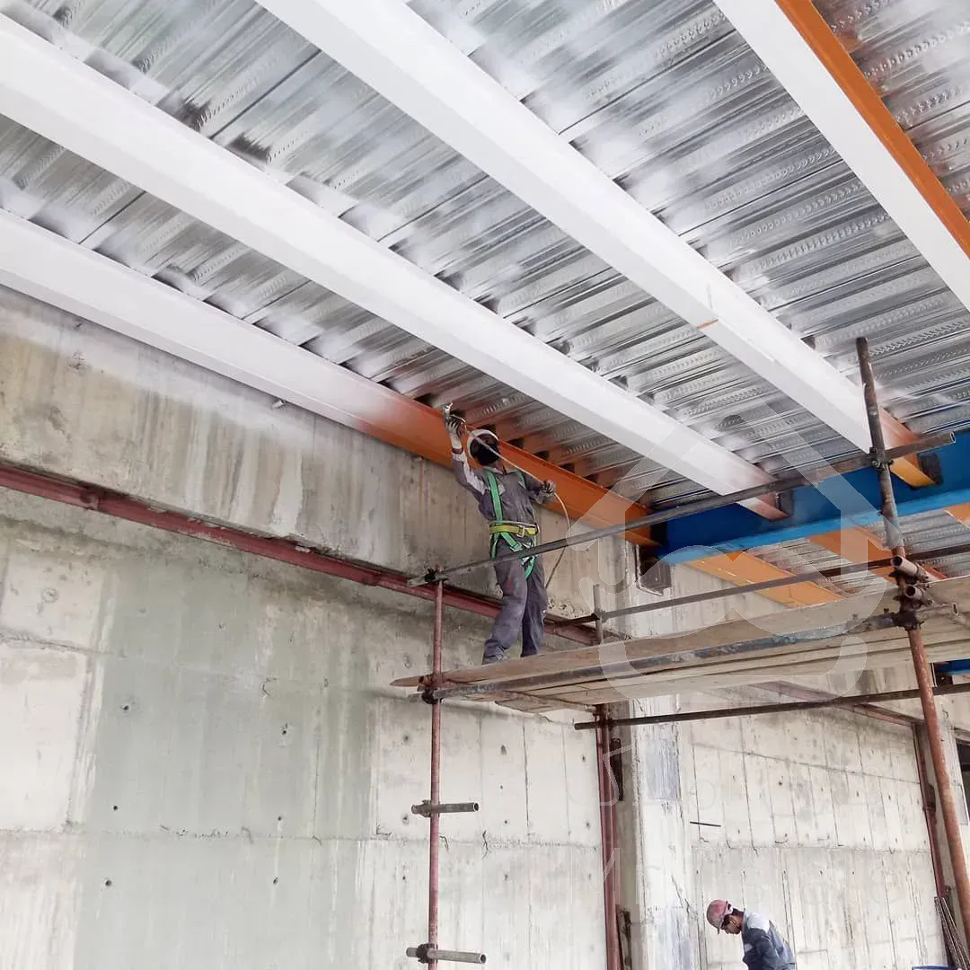 اجرای پوشش ضد حریق اسکلت فلزی شرکت بنیان عمران اکسون