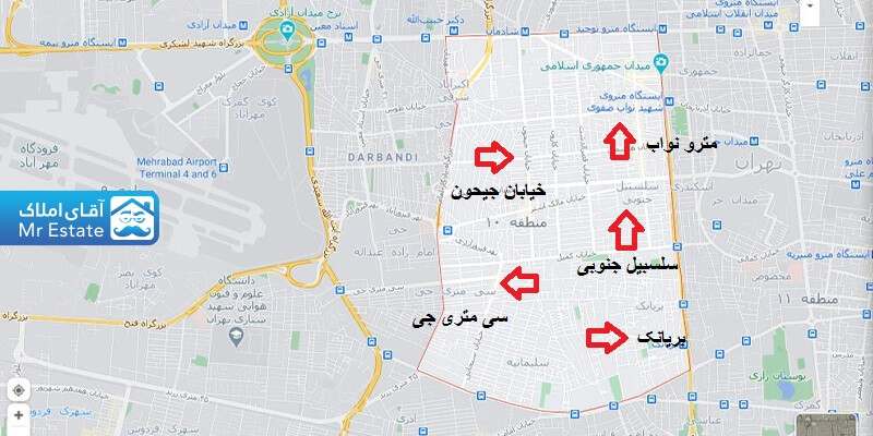 راهنمای نقشه منطقه ۱۰ تهران
